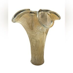 Murano Honey Amber Vintage Art Glass Vase w Sticker 10.5” Tall x aprx 9” Wide